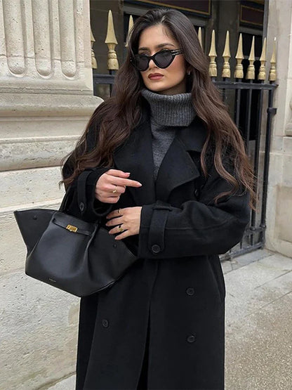 Casual Lapel Long Coats With Belt Women Lace Up Double Breasted Full Sleeve Overcoat Autumn Winter New Lady Streetwear