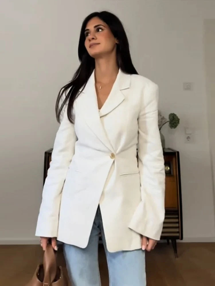 Vintage Solid Single Button Suit Jacket Women Elegant Slim Lapel Blazer Jackets Female New Spring Chic Street Office Outwear