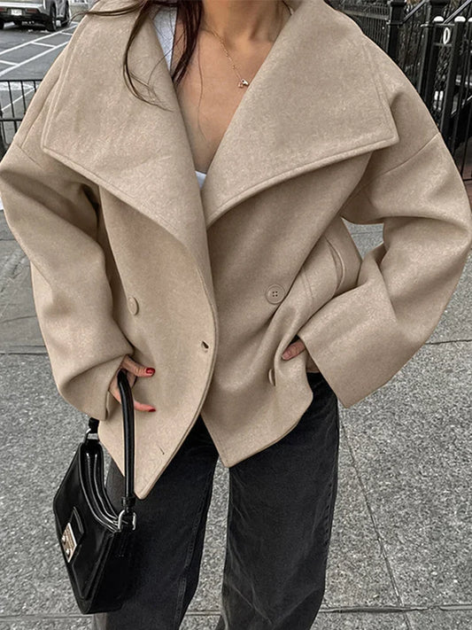 TAVIMART  -  Vintage Large Lapel Collar Short Coats Women Retro Casual Double-Breasted Pocket Coat Female Autumn Chic Loose Street Outwear
