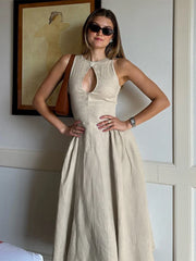 Elegant Solid Hollow Out Women Midi Dress Fashion Slim O-neck Sleeveless A-line Dresses 2024 Summer Office Lady Commuting Robes