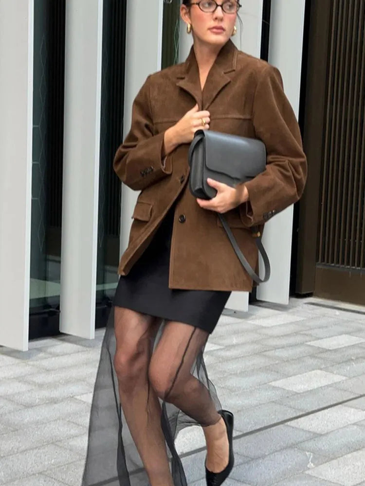 Casual Brown Cropped Lapel Women's Jacket Fashion Single Breasted Long Sleeve Loose Coat New Winter Chic Female Streetwear