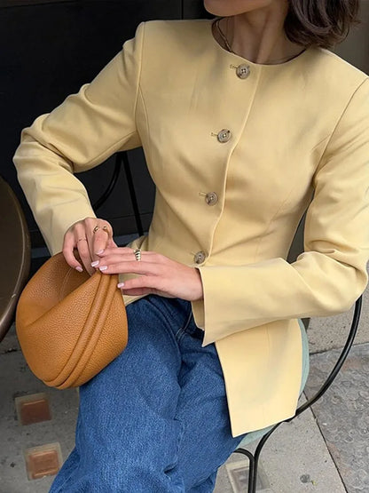 Fashion Solid Office Coats Women Casual O Neck Long Sleeve Pockets Single Breasted Female Jackets 2024 Autumn Elegant Lady Tops