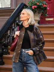Vintage Plaid Printed Women Jacket Patchwork Turn Down Collar Single Breasted Female Coat Autumn Long Sleeve Zipper Outwear