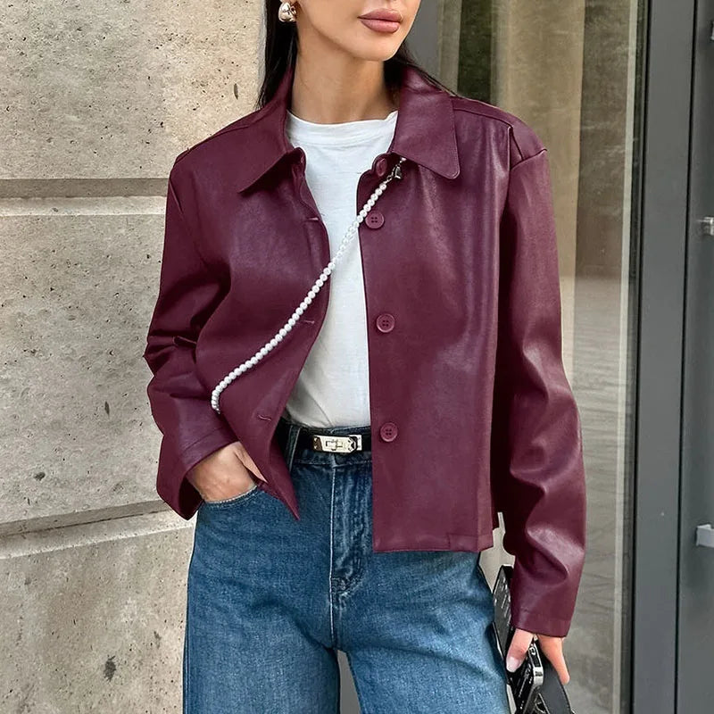 Burgundy Faux Leather Jackets Women Moto Biker Lapel Zipper Long Sleeve Female Coats 2025 Spring Casual Lady Street Outwear