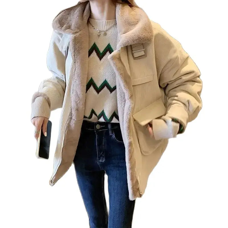 Plush Jacket Color Block Zipper Women'S Cotton Jacket Thickened Winter Warm Solid Color Jacket Long Sleeve Retro Jacket