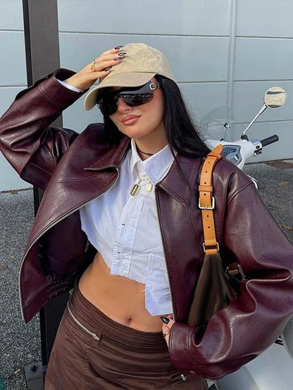 Solid Zipper Leather Jacket For Women Casual Turn-down Collar Long Sleeve Female Coat 2024 New Autumn Casual Ladies Outerwears