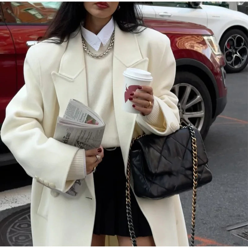 White Elegant Double Breasted Loose Woolen Coat Women Chic Oversized Long Sleeve Overcoat Fall Winter New Ladies Outerwear