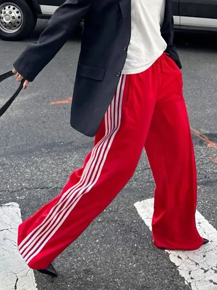 Women Y2k Wide Leg Track Pants Baggy Striped Joggers Sweatpants Elastic Waist Color Block Parachute Pants with Pockets