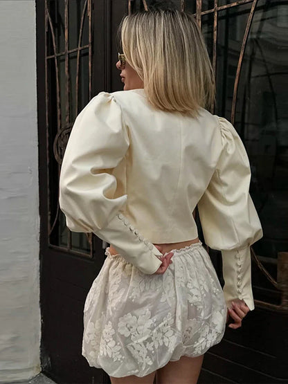 Retro Solid Stand Collar Short Shirt Women Elegant Single Breasted Puffy Sleeve Shirts Coat Lady Versatile Chic Streetwear