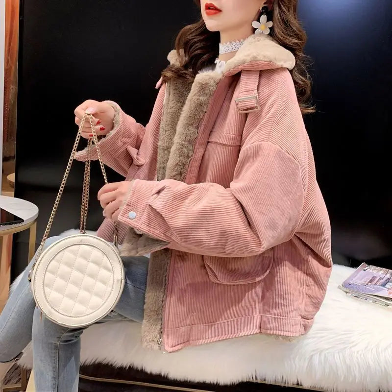 Plush Jacket Color Block Zipper Women'S Cotton Jacket Thickened Winter Warm Solid Color Jacket Long Sleeve Retro Jacket