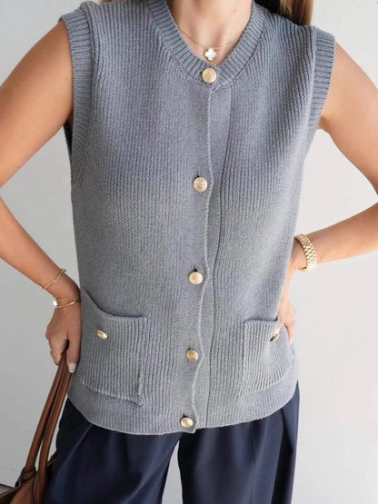 Pocket Solid Cardigan Vest Women O Neck Single Breasted Sleeveless Knit Waistcoat 2025 New Simple Casual Fashion Sweater Jacket