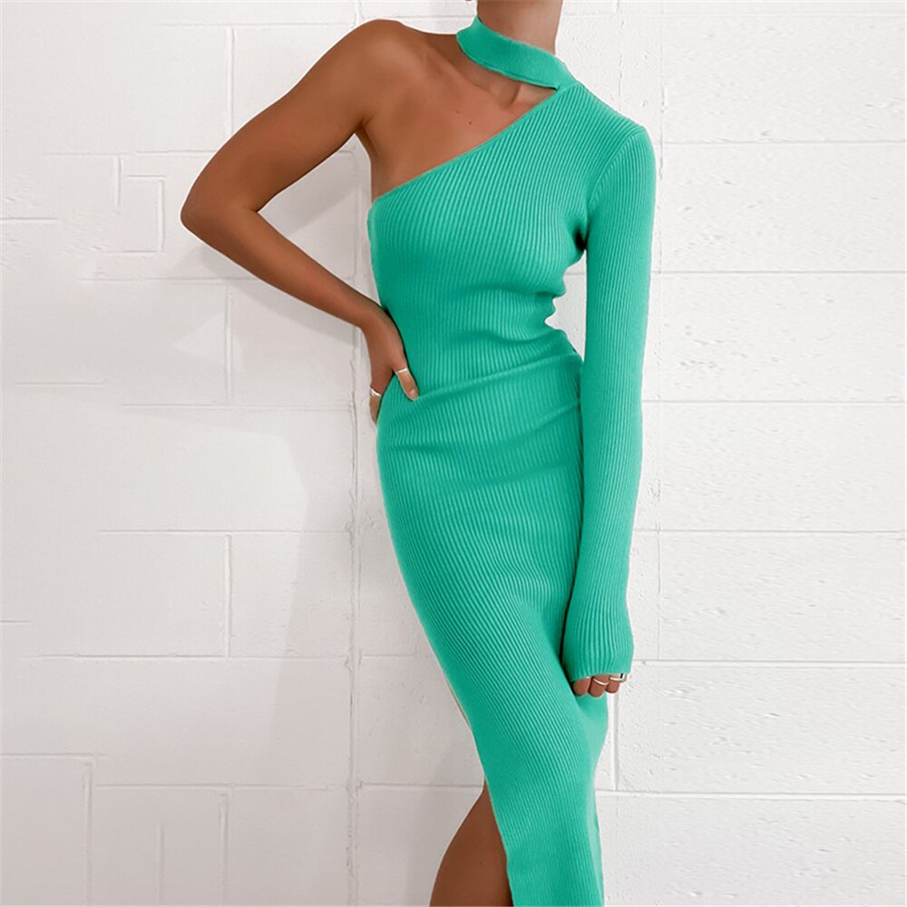 Women Elegant Side Slit Hem Knitted Evening Party Dress Sexy Solid Color Halter One-Shoulder Long Sleeve Long Dress Fall Winter