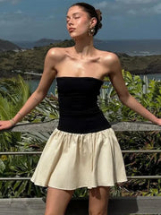 Patchwork Pleated Tube Dress Women Stapless Sleeveless Backless Empire Dresses Female 2024 Summer Fashion Street Lady Robes