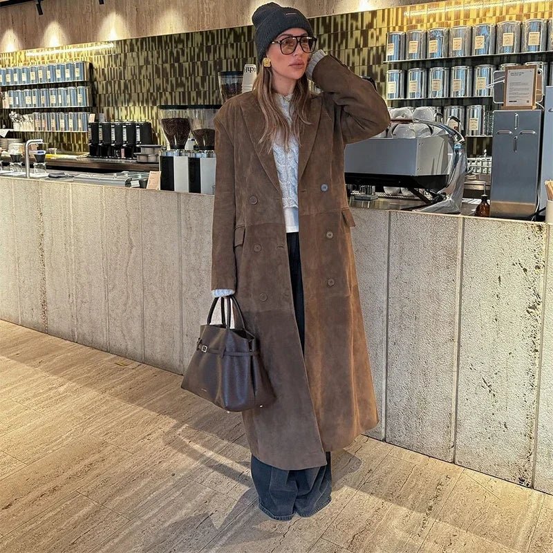 Casual Solid Long Women Streetwear Long Sleeve Turn-down Collar Double Breasted Female Coat 2025 Autumn Fashion Lady Jacket New