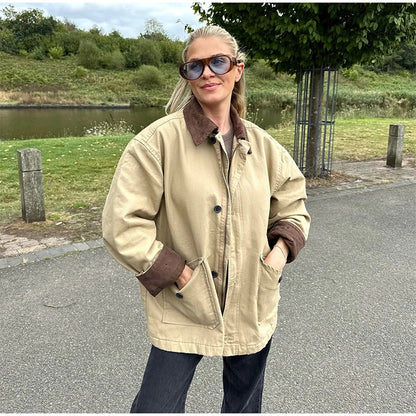 Casual Panelled Pockets Jackets Women Casual Patchwork Lapel Long Sleeves Single Breasted Coat Autumn Lady Loose Outfits