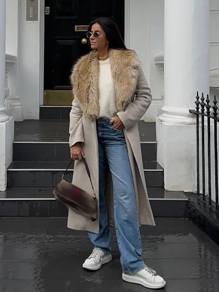 Women Faux Fur Patchwork Collar Woolen Belts Coat Button Up Pocket Casual Thicken Warm Outwear Female Winter Chic Jacket