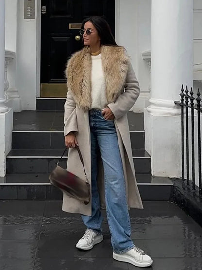 Women Faux Fur Patchwork Collar Woolen Belts Coat Button Up Pocket Casual Thicken Warm Outwear Female Winter Chic Jacket