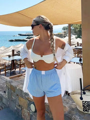 Stripes Crop Top+shirt 2 Pcs Outfits Women Casual Summer Autumn Casual Set Blue Matching Set Shorts Set Female Suit
