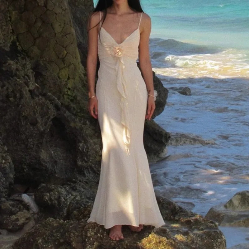 Apricot V-neck with Floral Dress Women Strapped Sleeveless Elegant Vintage Clothing Lady Streetwear Vestidos Bodycon