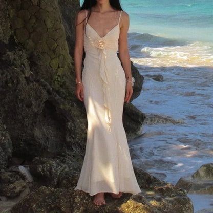 Apricot V-neck with Floral Dress Women Strapped Sleeveless Elegant Vintage Clothing Lady Streetwear Vestidos Bodycon