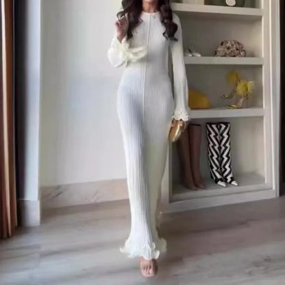 Autumn New Ladies Elegant Flared Sleeve Knitted Dress Women Fashion Crew Neck White Slim Robes Summer Female Party Dresses
