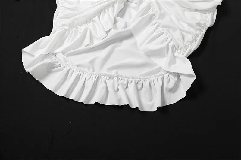 Autumn Cross Ruffle Trim Mini Dress Simple Solid V-neck Ruched Full Sleeve Body-shaping Frock Female Classic Street Vestido