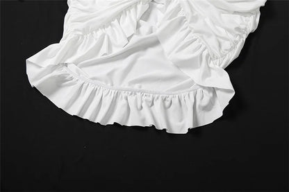 Autumn Cross Ruffle Trim Mini Dress Simple Solid V-neck Ruched Full Sleeve Body-shaping Frock Female Classic Street Vestido