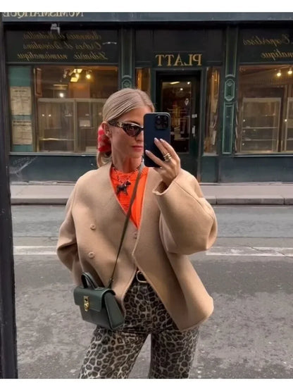 Women V-neck Khaki Thicken Wool Jacket Autumn Winter Chic Loose Blend Coat Female Streetwear Warm Outfit Coats for Women