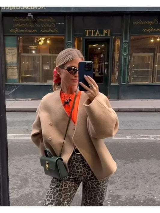 Women V-neck Khaki Thicken Wool Jacket Autumn Winter Chic Loose Blend Coat Female Streetwear Warm Outfit Coats for Women