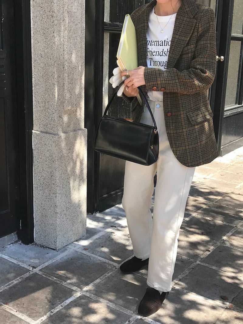 Vintage Wool Blends Coats Women Plaid Woolen Jacket Elegant Commute Blazer Korean Long Sleeve Outerwears Winter Ladies Overcoat