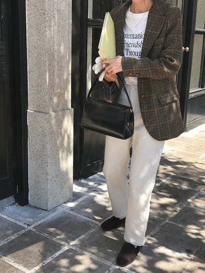 Vintage Wool Blends Coats Women Plaid Woolen Jacket Elegant Commute Blazer Korean Long Sleeve Outerwears Winter Ladies Overcoat