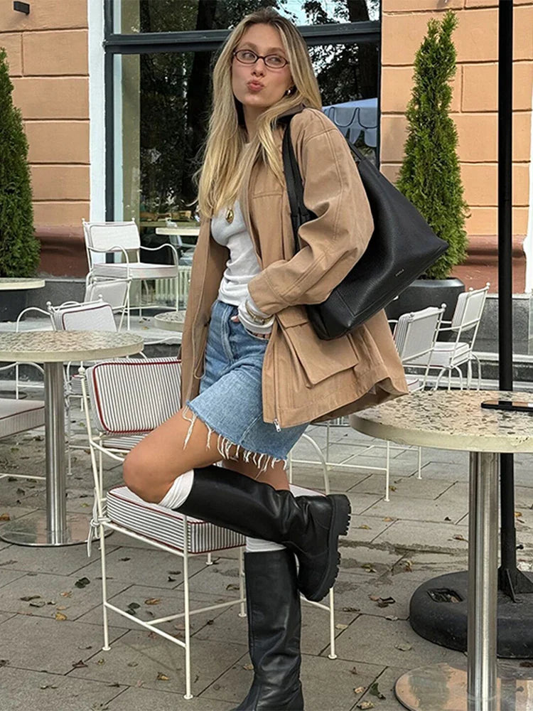 Casual Leather Lapel Jackets Women Vintage Khaki Zipper Pockets Jacket Coat Female Autumn Winter Chic High Street Outwear