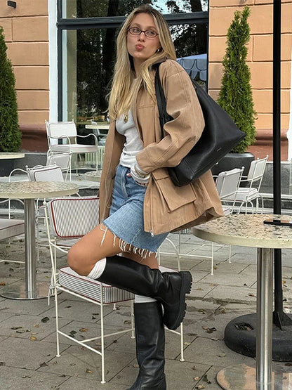 Casual Leather Lapel Jackets Women Vintage Khaki Zipper Pockets Jacket Coat Female Autumn Winter Chic High Street Outwear