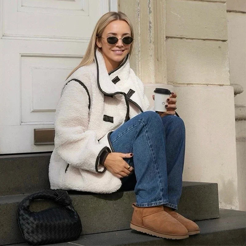 Plush Stand Collar Jackets Coat Women Vintage Lambwool White Single-Breasted Pockets Jacket Female Autumn High Street Outwear