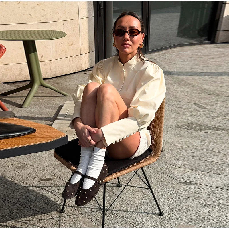 Retro Solid Stand Collar Short Shirt Women Elegant Single Breasted Puffy Sleeve Shirts Coat Lady Versatile Chic Streetwear