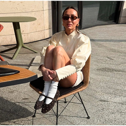 Retro Solid Stand Collar Short Shirt Women Elegant Single Breasted Puffy Sleeve Shirts Coat Lady Versatile Chic Streetwear