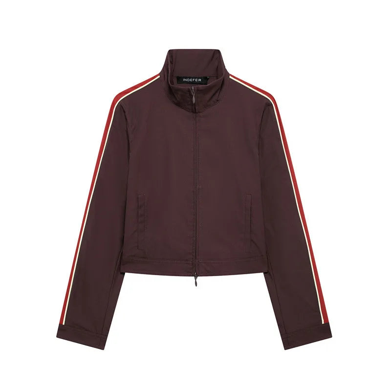 New Vintage Solid Color Jacket Women 2025 Spring Long Sleeve Zipper Outerwear+Elastic Waist Wide Pants Striped Two-piece Sets