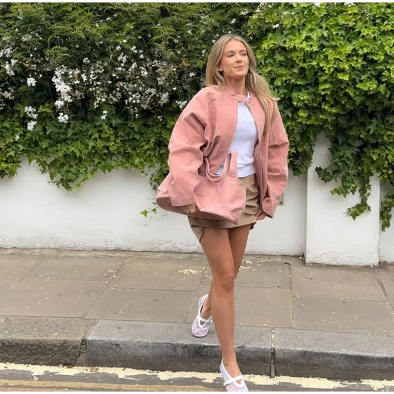 Elegant Suede Pink Jacket Women Loose Long Sleeve Zipper Stand Collar Button Female Jackets 2025 Autumn Street Outwear Lady New