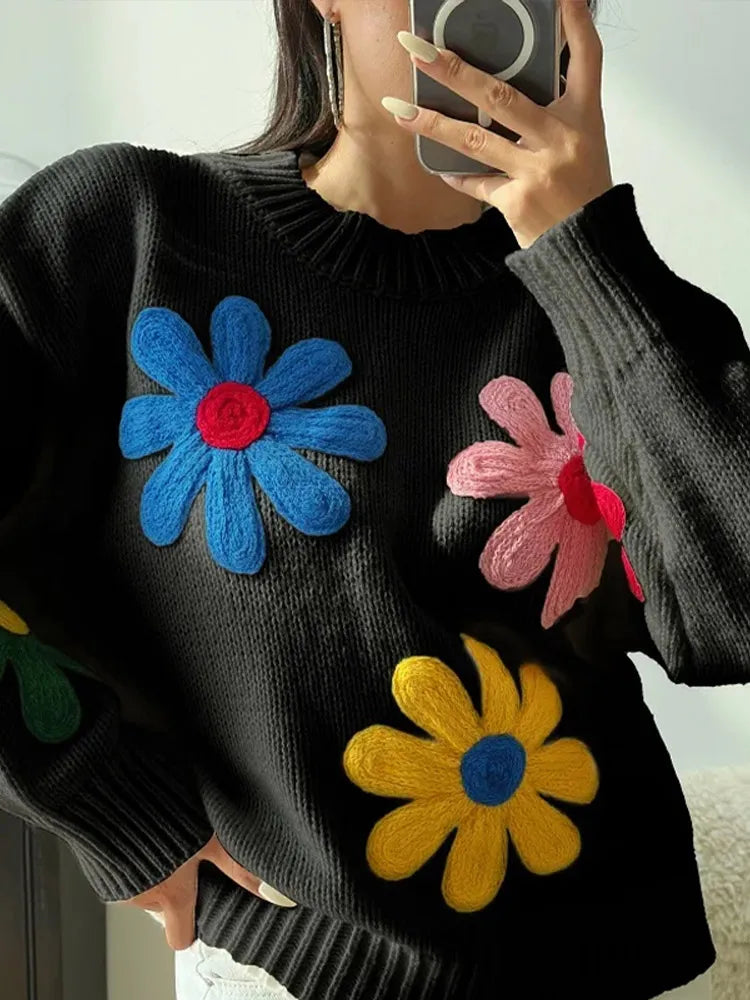 Autumn Knitted Women Sweater Sweet Flower Loose Long Sleeve O-neck Female Pullovers 2025 New Casual Loose Ladies Tops Streetwear