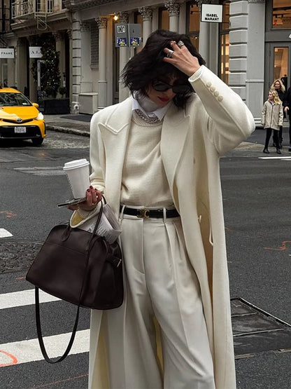 White Elegant Double Breasted Loose Woolen Coat Women Chic Oversized Long Sleeve Overcoat Fall Winter New Ladies Outerwear