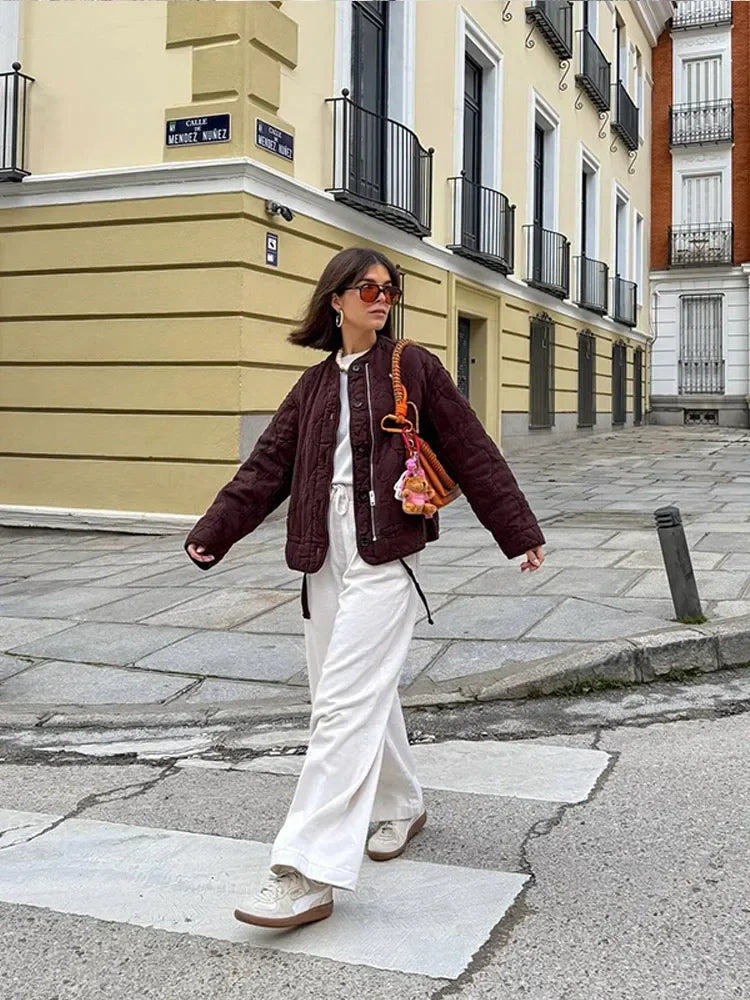 Casual Quilted Padded Jackets Women's Faionable Loose Round Neck Long Sleeve Zipper Cropped Length Outerwear Winter New