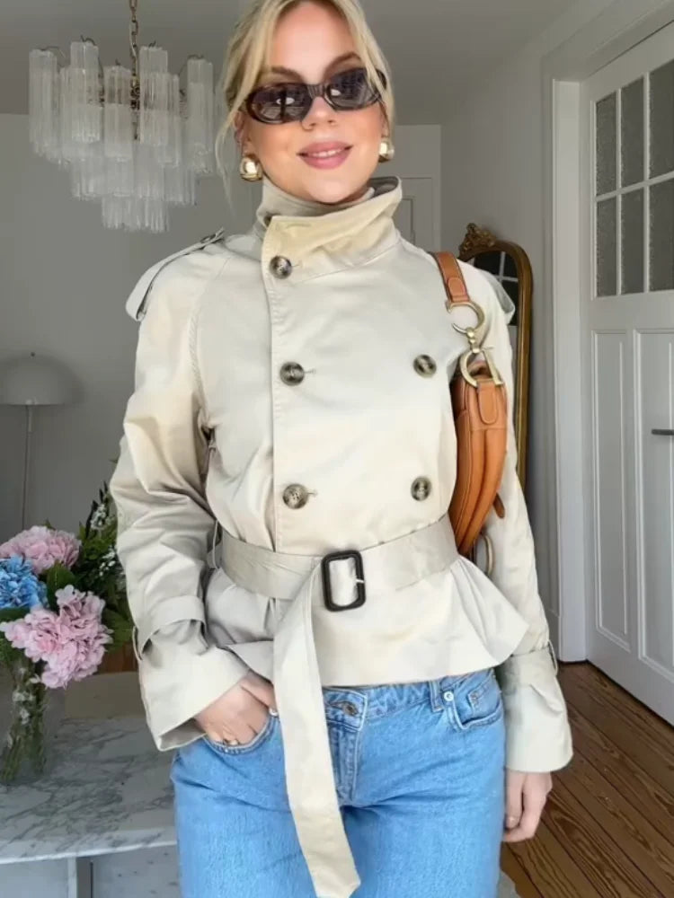 Stand Up Collar Trench Coat Belt Lace Up Double Breasted Short Jacket Retro Waist Cinched Silhouette Slimming Windbreaker Top