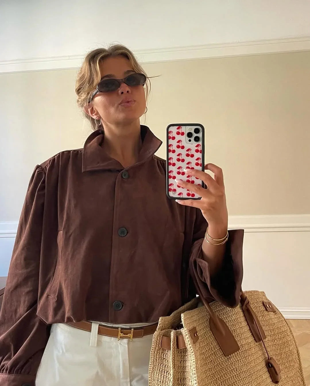 Retro Brown Suede Short Jacket Elegant Women Stand Collar Full Sleeves Single Breasteds Loose Coats Autumn Chic Lady Street Wear