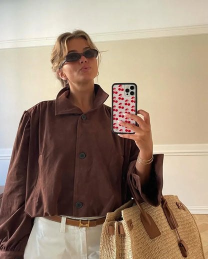 Retro Brown Suede Short Jacket Elegant Women Stand Collar Full Sleeves Single Breasteds Loose Coats Autumn Chic Lady Street Wear