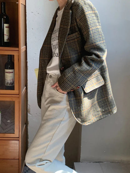 Vintage Wool Blends Coats Women Plaid Woolen Jacket Elegant Commute Blazer Korean Long Sleeve Outerwears Winter Ladies Overcoat