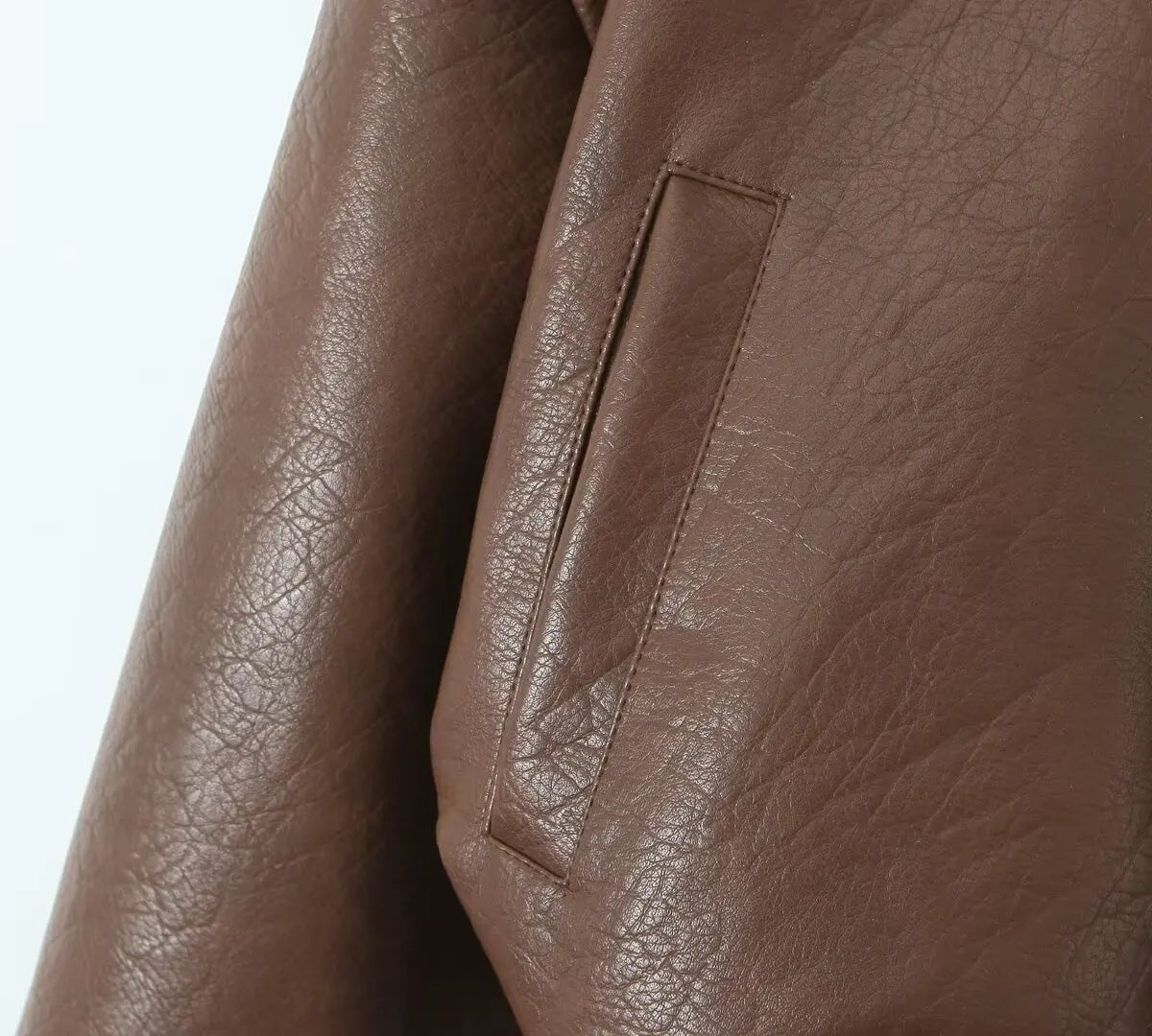 American Retro Women Rib V neck PU Leather Jacket Street Full Sleeve Zipper Bomber Quilted Coat High Waist Short Outerwear