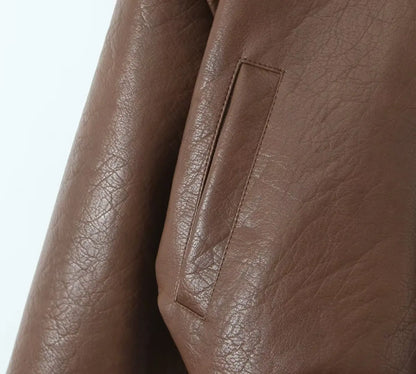 American Retro Women Rib V neck PU Leather Jacket Street Full Sleeve Zipper Bomber Quilted Coat High Waist Short Outerwear