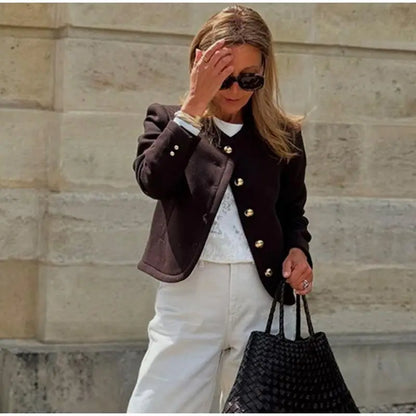 Elegant Solid O-neck Plush Short Coats Women Retro Slim Fit Single Breasted Jackets Female New Spring Chic Office Outwear