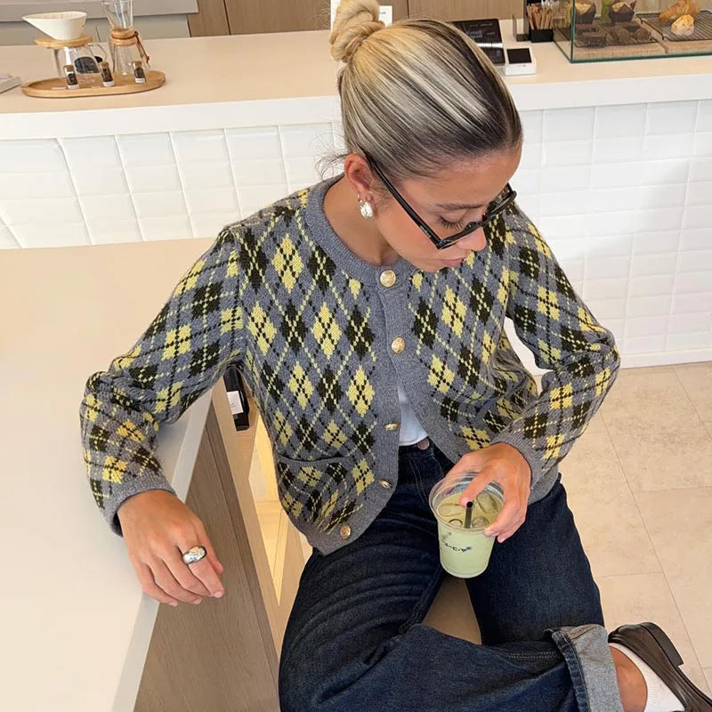 Check Plaid Knitted Cardigans Women Single Breasted Casual Loose Elegant Sweaters Long Sleeve Chic Coats 2024 Winter Lady Tops