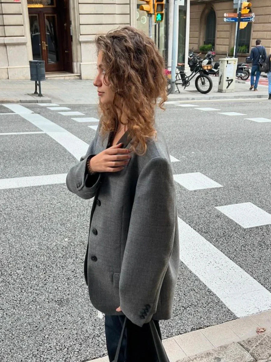 Vintage Solid Color Suit Jacket Women V Neck Single Breasted Long Sleeve Outerwear Autumn New Streetwear Fashion Casual Jackets